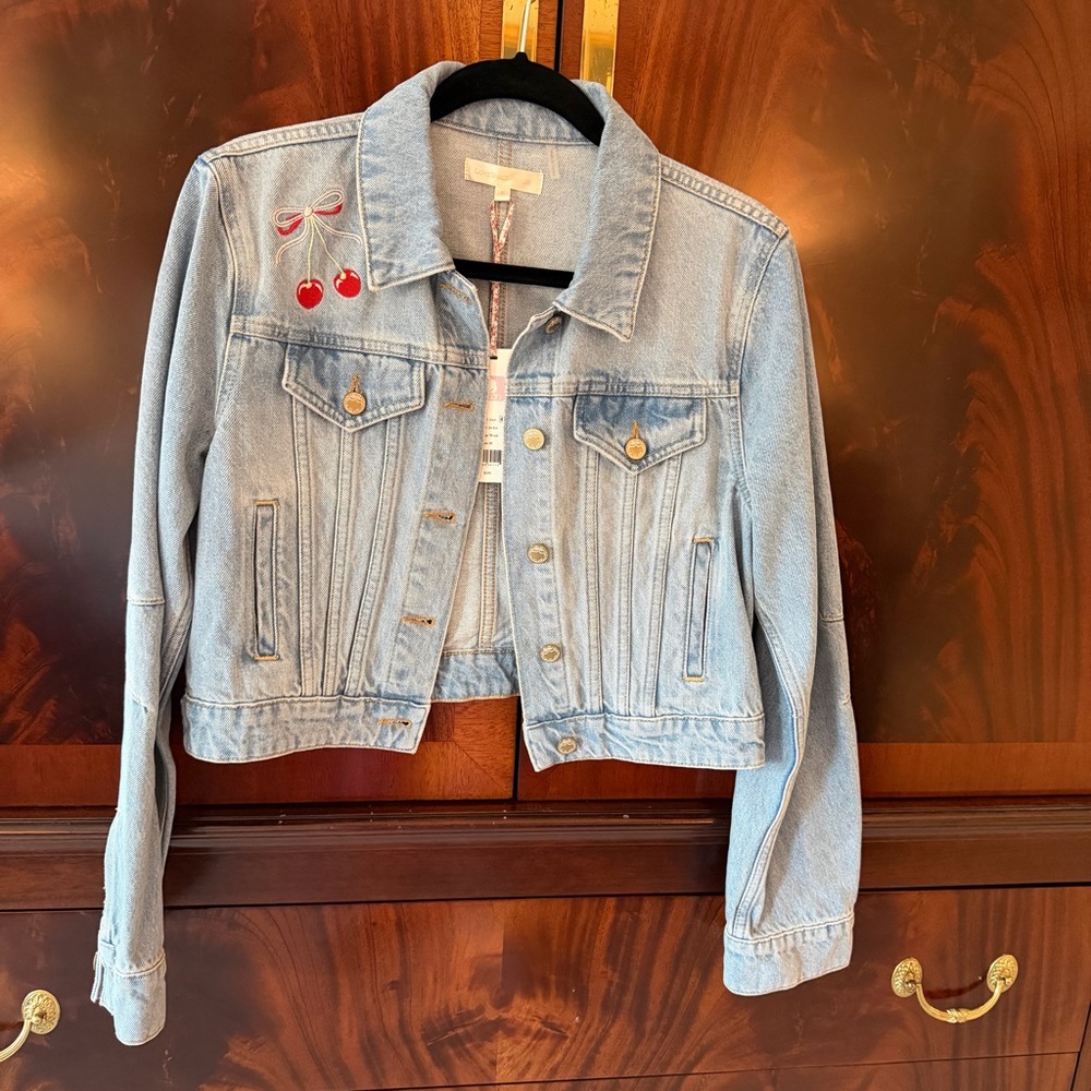 NWT LoveShackFancy Bardot Cherry Embroidered Denim Jacket Medium - Picture 7 of 14